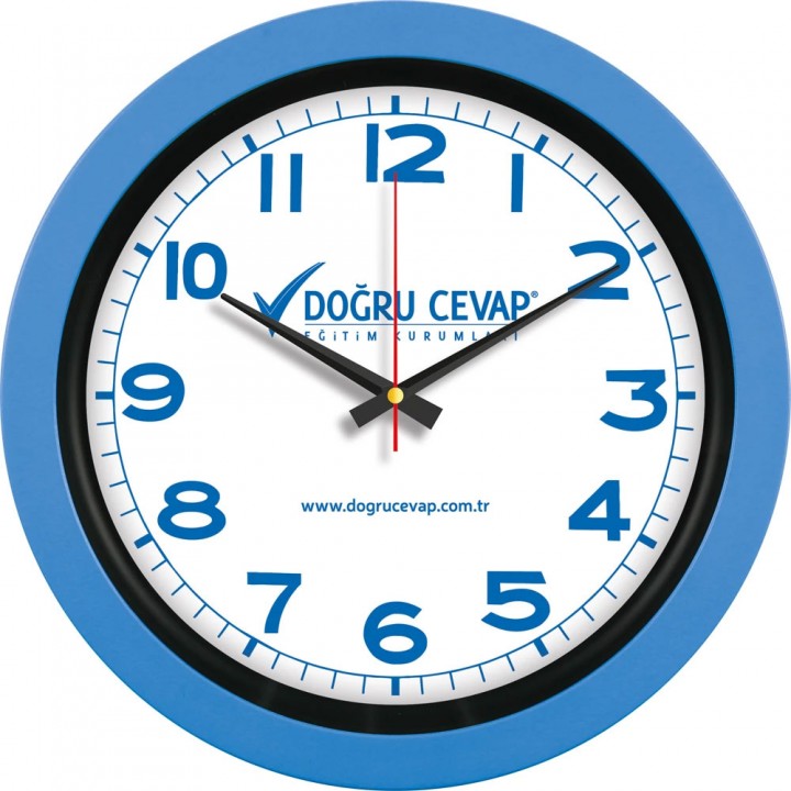 Logo Baskılı 40 cm Gök Mavi Kalın Çerçeveli Plastik Duvar Saati